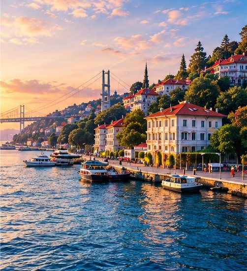 Gün batımında Boğaziçi kıyısındaki yalılar ve tekneler