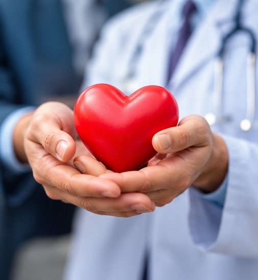 Bir doktor, avuçlarının içinde kırmızı bir kalp tutuyor