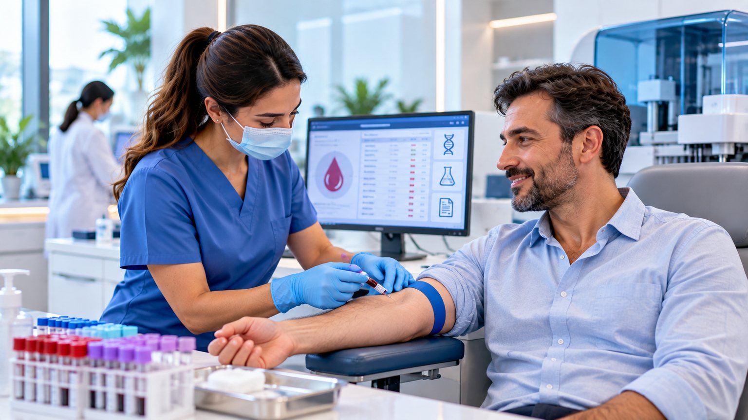 Bir hemşire, sağlık check-up’ı sırasında hastadan kan örneği alıyor