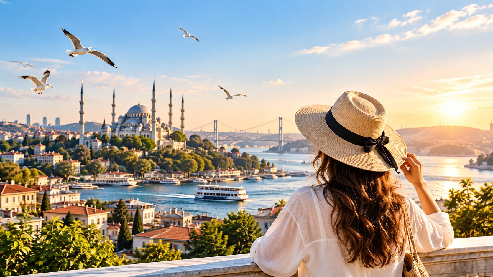 Güneş şapkalı bir gezgin İstanbul’a ve Boğaziçi’ne bakıyor