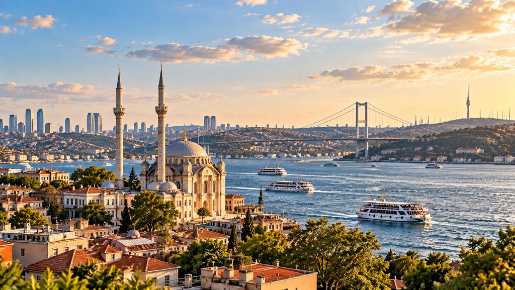 Gün batımında İstanbul’da Ortaköy Camii, Boğaziçi ve köprü