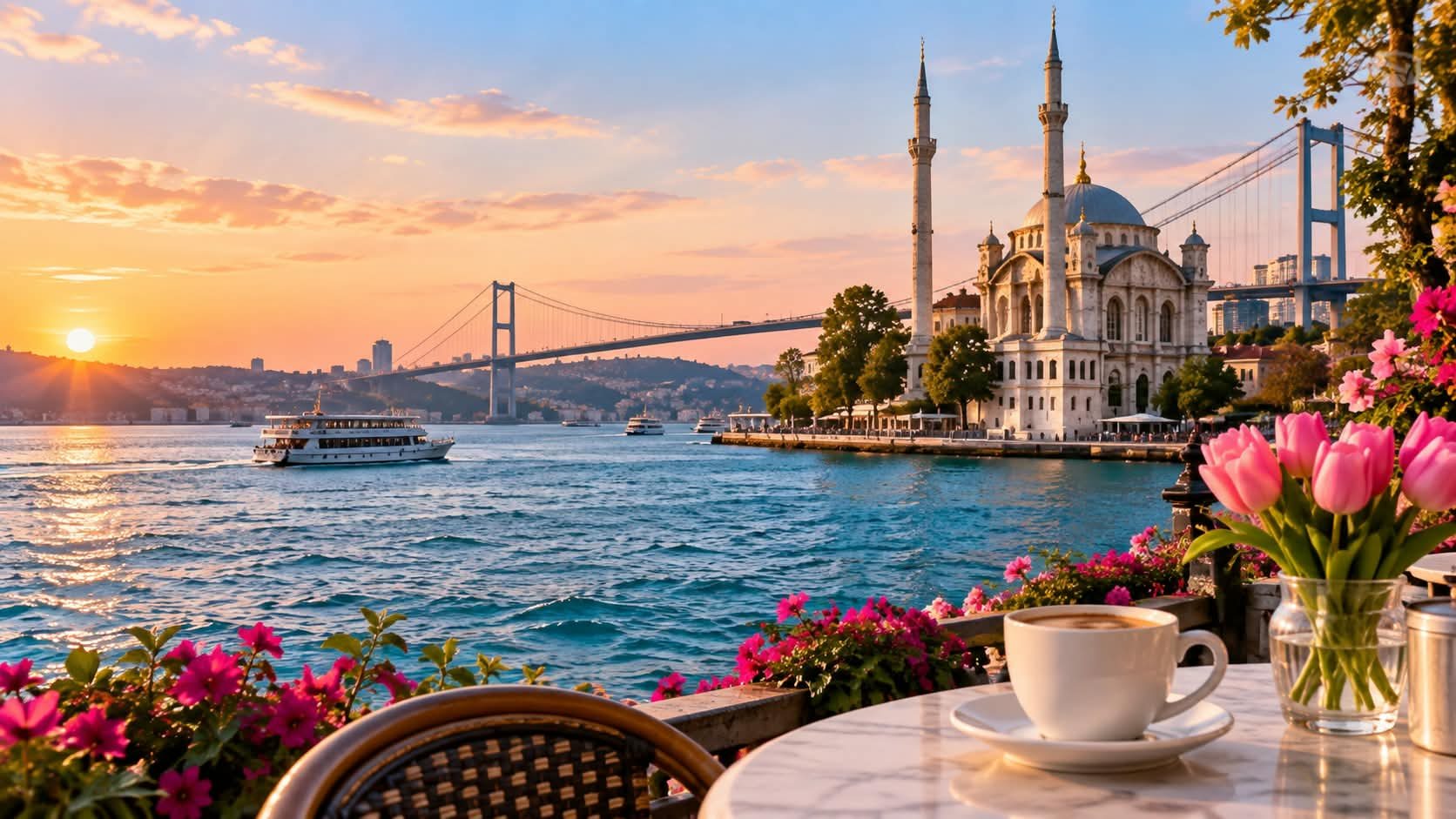 İstanbul’da sahil kenarındaki bir kafe terasından gün batımında görülen Ortaköy Camii ve Boğaziçi Köprüsü