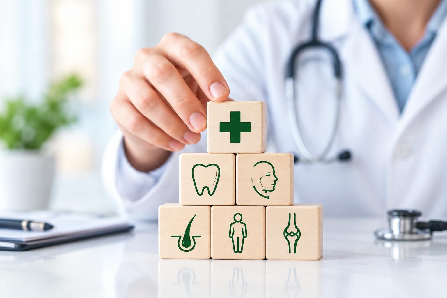 Bir doktor masasında saç, diş ve tıp simgeleri taşıyan ahşap bloklar