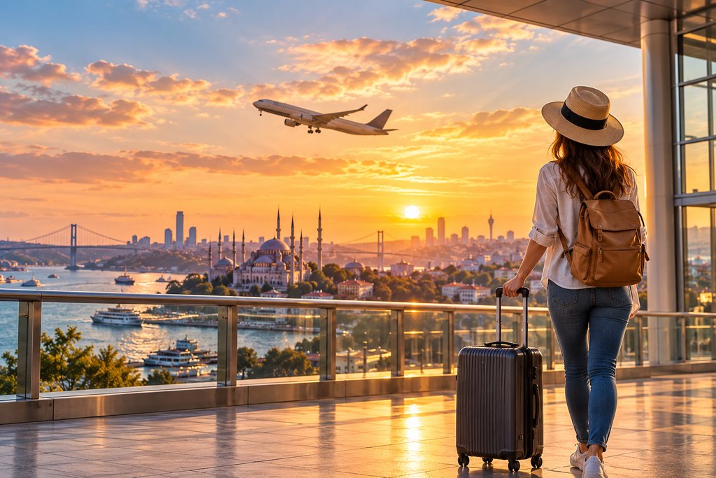 Bavullu bir yolcu, gün batımında İstanbul üzerinden havalanan uçağı izliyor